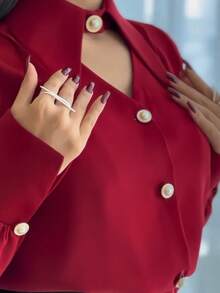 Women's New INS Style Solid Color V-Neck Hollow Out Elegant Mature Office Commute Travel Vacation Shopping Photo-Ready Design Blouse - Red - View 5