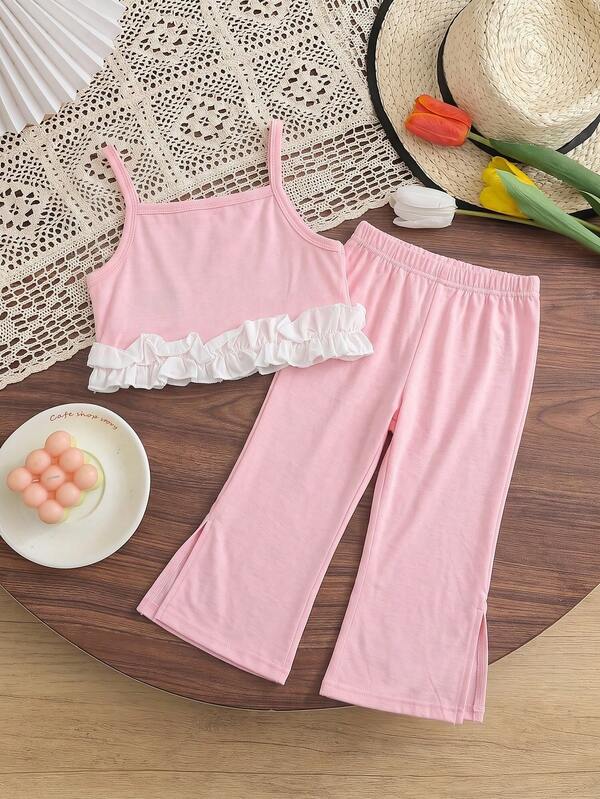 2pcs/Set Young Girls' Pink Spaghetti Strap Cropped Ruffle Hem Tank Top And Long Pants Casual Outfit, Suitable For Outdoor, Daily Wear, Vacation