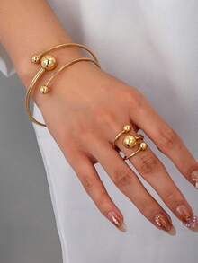 1 Set Luxurious Fashion Exaggerated Creative Design Multi-Layer Twisted Rope Beaded Bracelet + Ring Jewelry Set - Style B, Double-lined Gold - View 6
