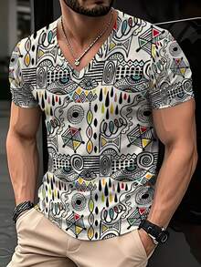 Men's White Basic Abstract African Geometric Graffiti All-Over Print V-Neck Short Sleeve T-Shirt - Multicolor - View 2