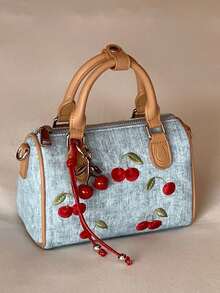 Cherry Embroidered Fabric Tote Bag With Soft Fabric Material And Durable PU Trim, 3D Cherry Embroidery With Matching Pendant For Sweet Atmosphere, Metal Hooks On Both Sides For Detachable Long Shoulder Strap, Suitable For Young Women, Teachers, Casual Shopping And Short Trips - Brown - View 4