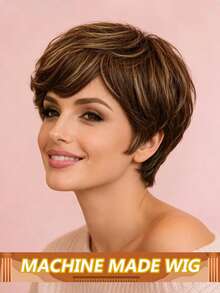 Short Pixie Cut Wig Brown And Blonde Highlight Real Human Hair 4 Inch Staright Layered P4/27 Ombre Brown Full Machine Made Wigs Easy Wear And Go Wig Suitable For Summer Wear - S4/27 - View 1