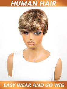Short Pixie Cut Wig Brown And Blonde Highlight Real Human Hair 4 Inch Staright Layered P4/27 Ombre Brown Full Machine Made Wigs Easy Wear And Go Wig Suitable For Summer Wear - S4/27 - View 3