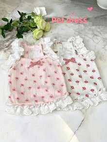 Spring/Summer New Floral Lace Spaghetti Strap Princess Dress Pet Outfit, Soft Elastic Tank Dress, Suitable For Poodles, Teddy Dogs And Other Small Dogs And Cats, Lightweight And Breathable - Pink - View 1
