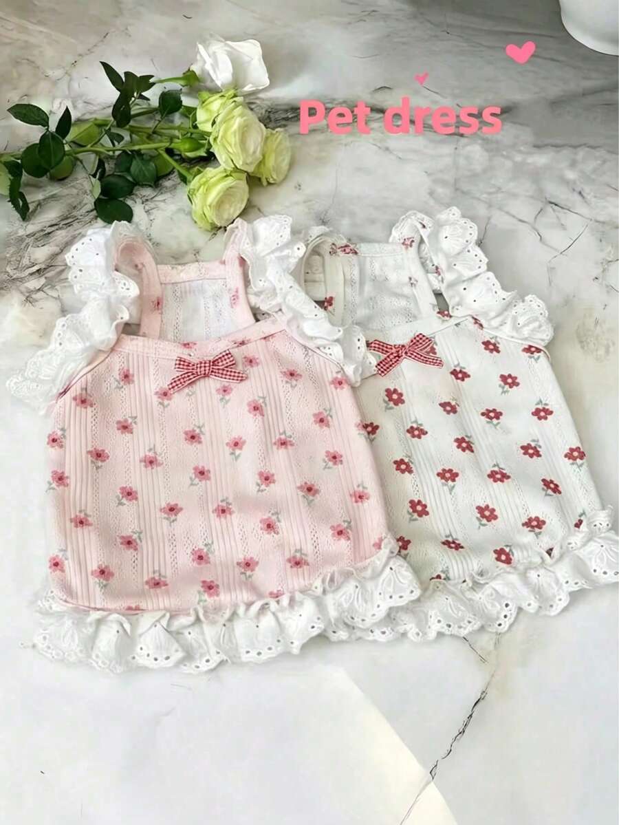 Spring/Summer New Floral Lace Spaghetti Strap Princess Dress Pet Outfit, Soft Elastic Tank Dress, Suitable For Poodles, Teddy Dogs And Other Small Dogs And Cats, Lightweight And Breathable - Pink - View 1