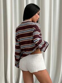 SDNGED Women's Casual Top, Striped Color Block Ribbed Fabric, Everyday Wear, Spring/Autumn - Blue-brown Wide Stripes - View 9