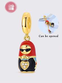 1pc Silver-Plated Matryoshka Series Openable Pendant Cat Enamel Gold Fashion Glasses Bouquet Floral Pattern Charm Suitable For Original Brand Bracelet Necklace DIY Matching - Multicolor - View 9
