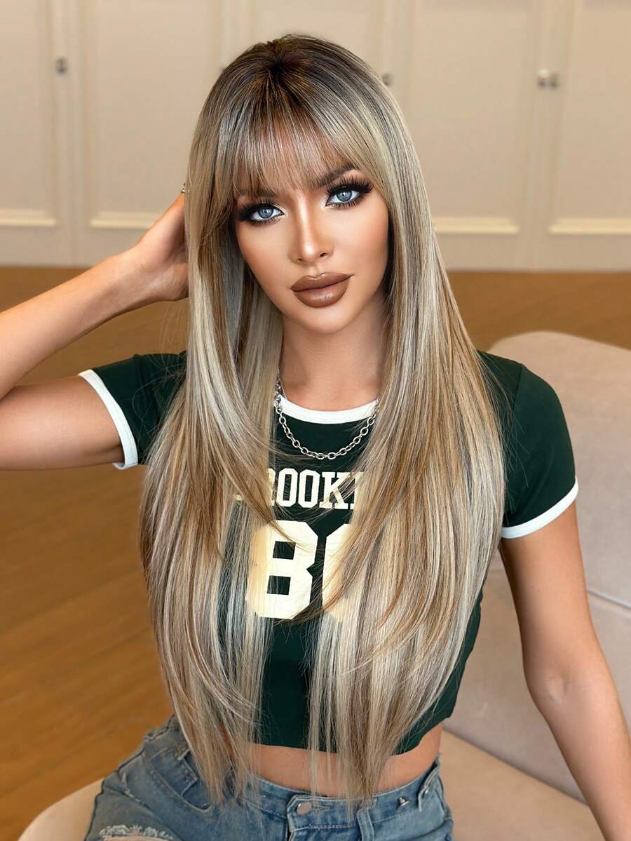 NAMM Ombre Blonde Wig With Bangs Extra Long Straight Layered Wigs For Women Natural Looking Soft Looking Synthetic Heat Resistant Fiber Hair Costume Wig For Daily Cosplay Wear, Festival Party Use 32 Inch - 棕色 - 查看 1