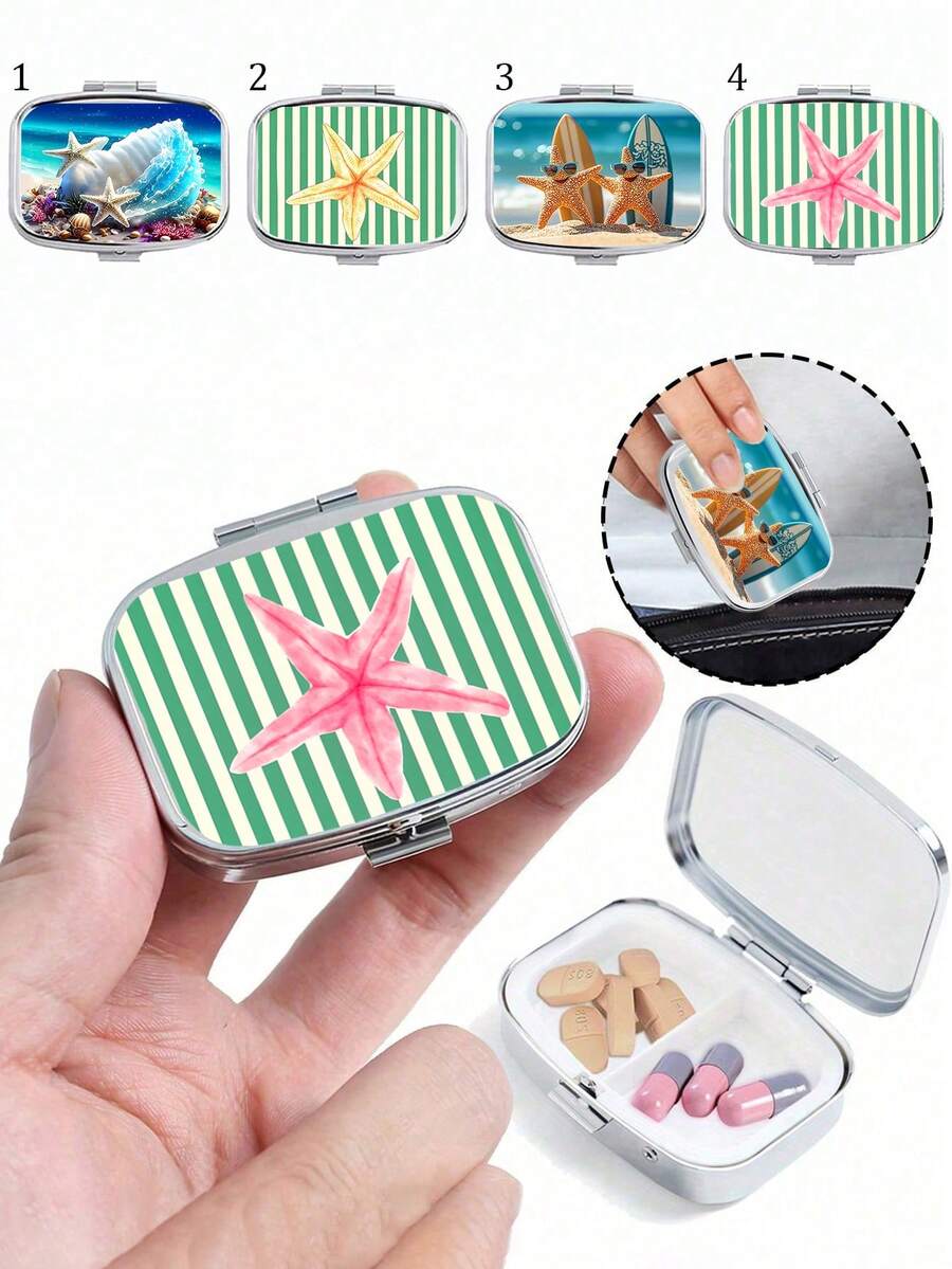 Vintage Fun Starfish Pill Box, Cute Starfish Design, Square Pill Box, Portable Medication Storage Compartment, Mini Metal Storage Box, Portable Jewelry And Pill Box, Travel Pill Box, Large Capacity Compartment, Weekly Medication Organizer, Suitable For Daily Medications And Vitamins, Essential For Doctors And Nurses, Emergency Needs, Travel, Hiking Emergency Rescue, Unique Gift Choice - Multicolor - View 1