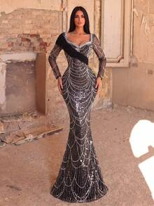 Faeriesty Women's Elegant Heart-Neckline Pearl-Embellished Evening Gown, Sheer Sleeves, Mermaid Hem Party - Black - View 2