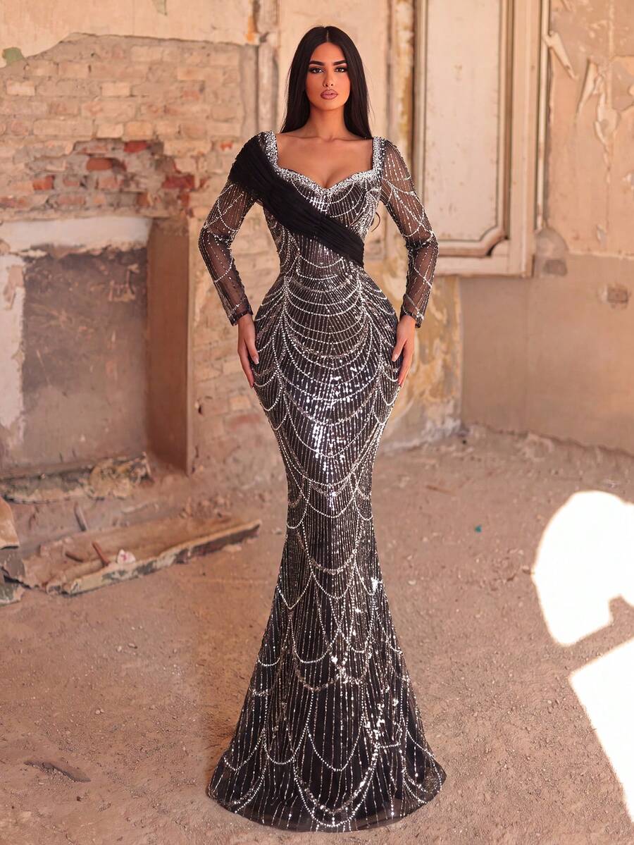 Faeriesty Women's Elegant Heart-Neckline Pearl-Embellished Evening Gown, Sheer Sleeves, Mermaid Hem Party