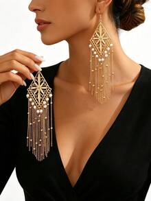 1 Pair Women's Vintage Bohemian Rhombus White Faux Pearl Multi-Layer Tassel Long Dangle Earrings, Gold Hollow Geometric Frame Beaded Tassel Extra Long Earrings, Suitable For Evening Party, Beach Vacation, Retro Theme Party - Golden Yellow+White - View 4