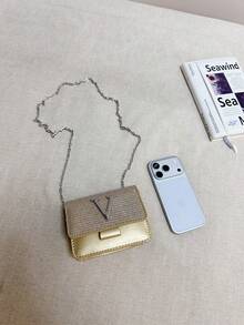 Bolso de hombro super mini minimalista con solapa de lentejuelas y cadena - Dorado - Ver 6