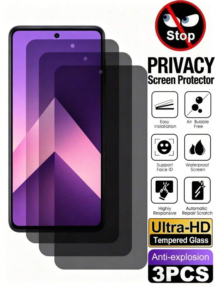 LissKas 3pcs Anti-Peeping Tempered Glass Screen Protector, Office/Subway Privacy Screen Protector, Compatible With Samsung Galaxy S26 S25 S24/Compatible With IPhone 17/Compatible With Huawei/Honor/Compatible With Xiaomi 15T/Poco/Note 14 13 Pro 4G 5G, Full Coverage, 9H Hardness, Anti-Explosion, Anti-Scratch, Anti-Peeping, Bubble-Free, Auto-Adsorption, Screen Protector, Does Not Support Fingerprint Recognition - Black - View 134