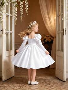 Long Sleeve Satin Flower Girl Dress, Suitable For Party And Wedding, Without Headband - White - View 2
