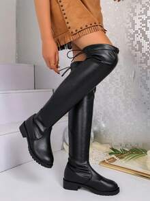 Women's Over-The-Knee Elastic Boots, Lace-Up Back Chunky Low Heel Thigh-High Boots, Suitable For Daily Casual Wear - Black - View 2