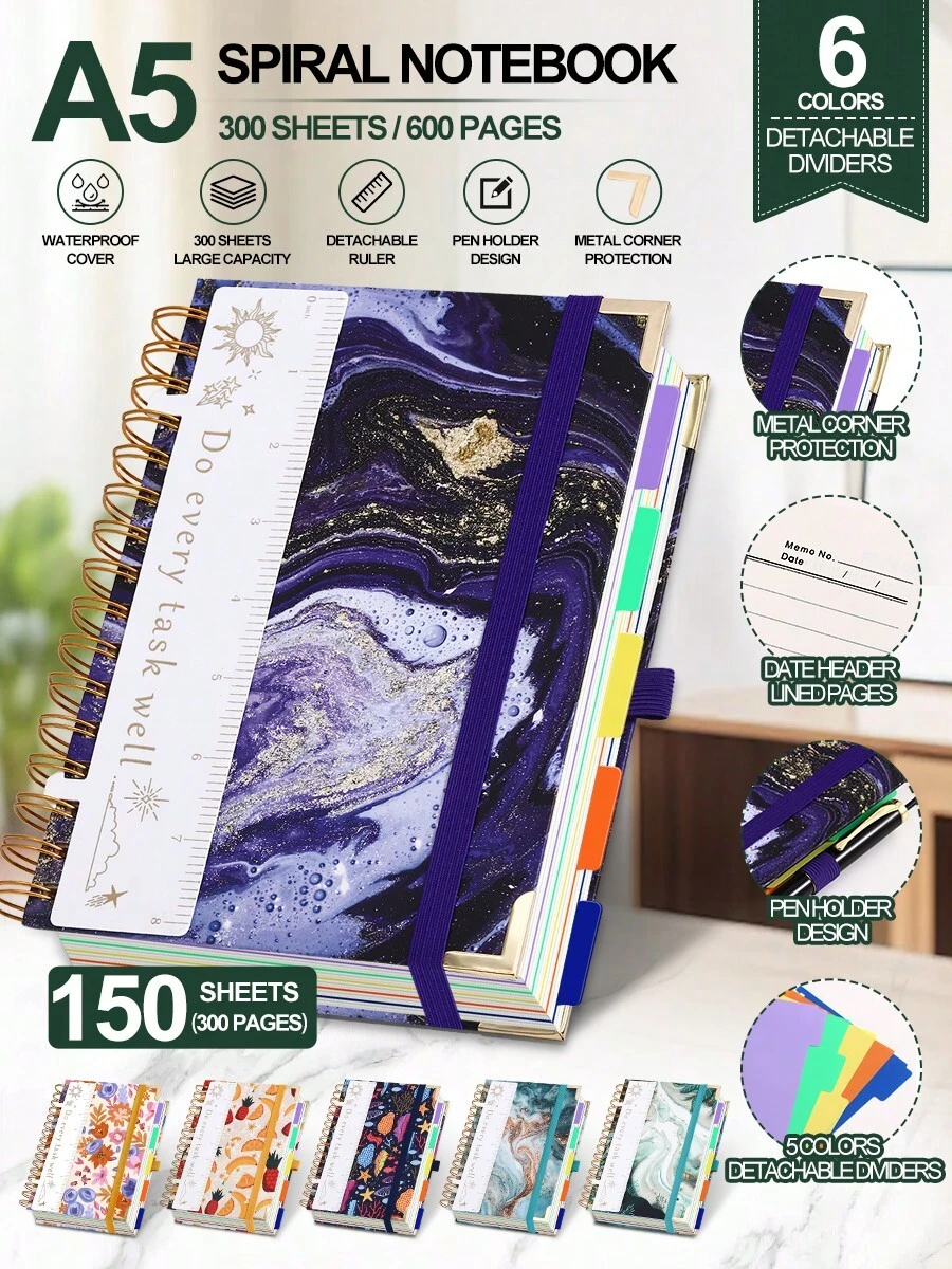 A5 螺旋裝訂筆記本：300頁，防水封面，可拆卸尺，筆夾，金屬護角，帶日期欄的橫線頁，可拆卸分隔頁；時尚筆記本，非常適合學生、教師、辦公室專業人士和學校 - A5 - 查看 1