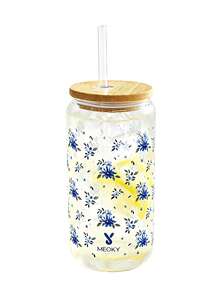 16oz MEOKY Patterned Glass Tumbler With Lid & Straw, Heat-Resistant Borosilicate Cup. Wide Mouth For Ice. Ideal Kitchenware For Home, School & Office Coffee. A Charming Gift For Her. - Dark Blue Small Blue Flower - View 9