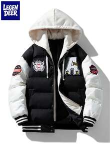 LEGEN DEER 男士棉質加厚夾克 冬季刺繡 2 合 1 填充外套 秋冬刺繡寬鬆連帽填充夾克 熱門情侶款加厚雪地大衣 - 黑色 - 查看 7