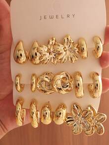 6/18pcs Asymmetrical Geometric C-Shape Floral Classic Earring Set, Fashionable CCB Earrings, Retro Chic Daily Wear Jewelry - Perfect Gift For Party, Date, Holiday - Gold - View 1