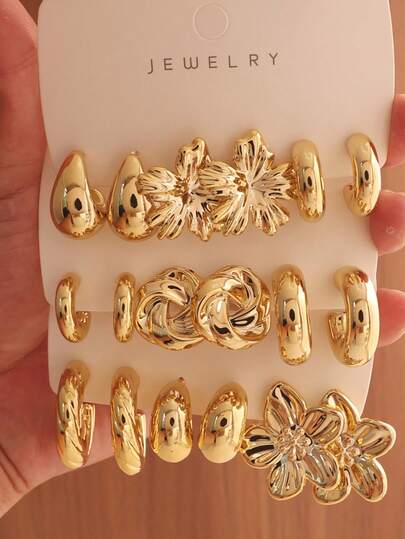 6/18pcs Asymmetrical Geometric C-Shape Floral Classic Earring Set, Fashionable CCB Earrings, Retro Chic Daily Wear Jewelry - Perfect Gift For Party, Date, Holiday