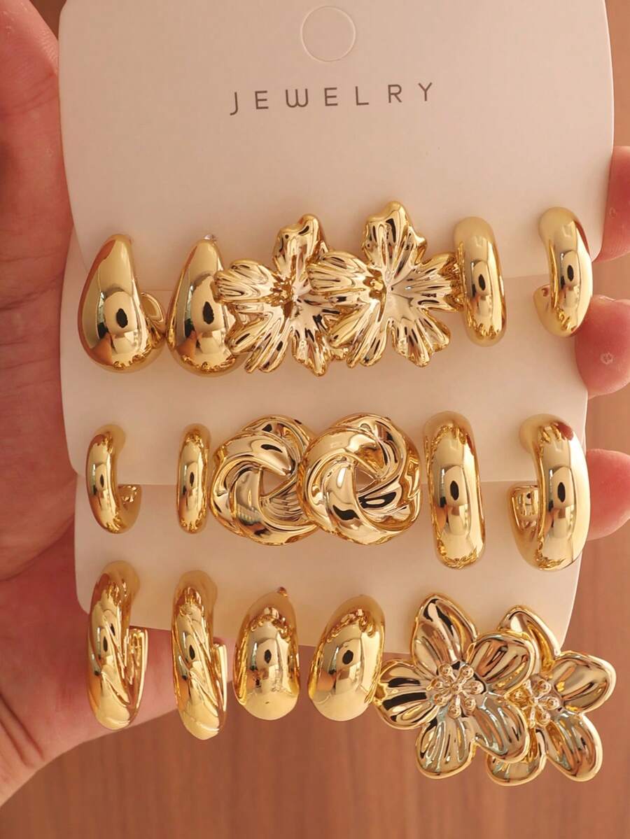 6/18pcs Asymmetrical Geometric C-Shape Floral Classic Earring Set, Fashionable CCB Earrings, Retro Chic Daily Wear Jewelry - Perfect Gift For Party, Date, Holiday - Gold - View 1