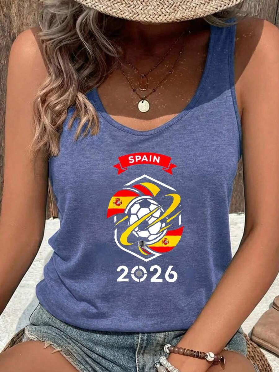 Summer Tops, Summer Clothes, 2026 Spain Soccer Team Flag Badge Print Women's Tank Top, Vintage Football Jersey, Game Day Fan Outfit - 藏蓝色 - 查看 1
