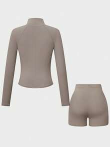 Conjunto deportivo casual de 2 piezas para mujer, top de manga larga con cuello alto, orificios para el pulgar y ajuste ceñido, shorts de cintura alta con control de abdomen y levantamiento - Albaricoque - Ver 8