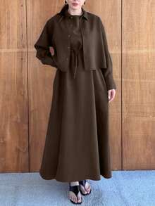 Women's Elegant Vintage Elegant 2-Piece Dress Set, Solid Color Summer - Brown - View 7