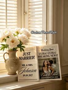 1pc Customized Newspaper Style Wedding Announcement Poster, Personalized Photo & Text Wedding Newspaper, Intimate Wedding Newspaper, Unique Couple Marriage Reveal, Modern, Bold, Fashionable Newspaper - Multicolor - View 3
