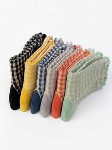 3/6 Pairs Back To School Vintage Style Ruffle Trim Striped Mid-Calf Socks, Multi-Color Fine Striped Women's Slim Fit Slouch Socks, Autumn - Multicolor - View 4