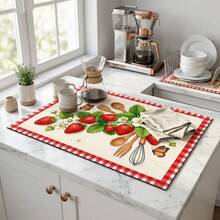 1pc Dish Drying Mat, Coffee Machine Mat, Pastoral Strawberry Floral Pattern With Wood Grain Background, Red And White Plaid Border, Butterfly Decoration, Multi-Purpose Drainage Mat, Home Gift, Tabletop Decor - XYLSD-619 - View 3