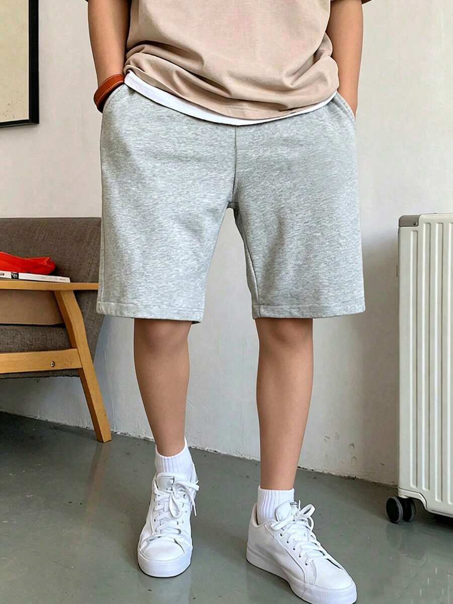 青少年男孩簡約素色針織短褲,柔軟親膚附口袋,夏季新款休閒運動短褲 - 淺灰色 - 查看 1