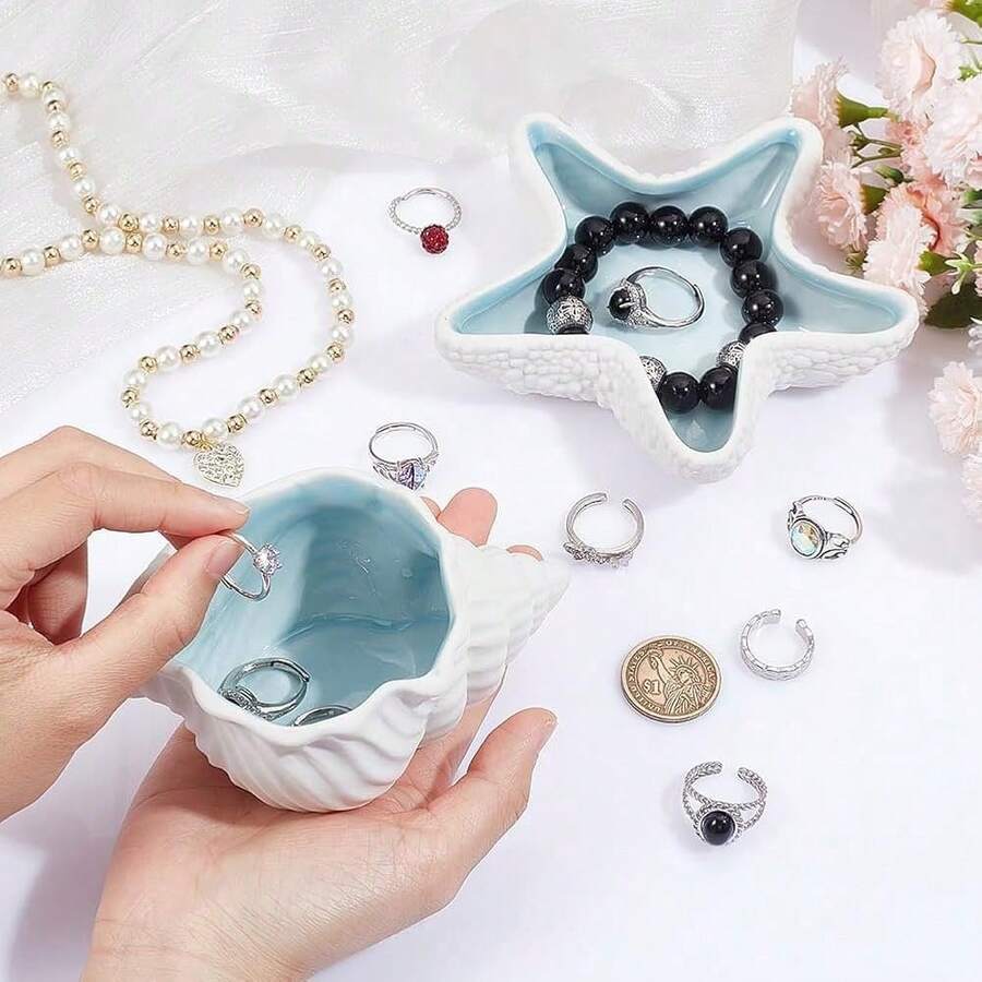 1pc Ceramic Shell, Starfish And Clam Shaped Tray, Pink Creative Storage Bowl, Container For Jewelry - 1PC - View 1