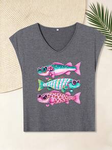 Bestseller Retro Streetwear Funny Sunglasses Fish Coastal Graphic Women's V Neck Cap Sleeve Top, For Street Hangout Beach Trip Daily Shopping - Grey - View 3