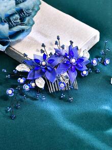 1 pieza Peine para el cabello con flor azul, accesorio elegante para la mujer, adecuado para bodas y fiestas - Azul - Ver 9