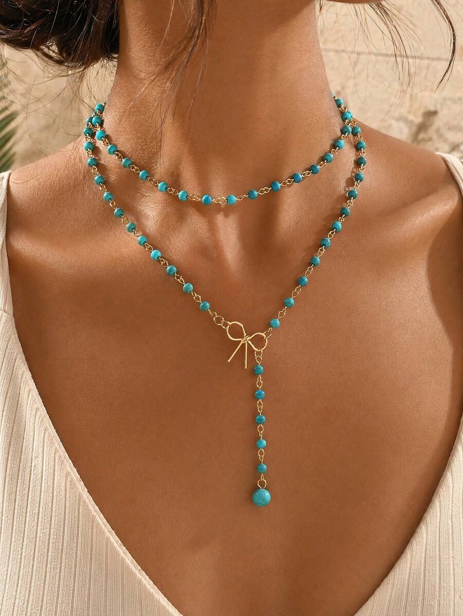 2pcs/Set Classic All-Match Double Layer Stacked Turquoise Y-Shaped Necklace, Fashionable Versatile Bowknot Decor Women's Neck Jewelry, Suitable For Daily Wear And Vacation Date, Chain Cut By Length, Random Number Of Beads - Multicolor - View 1