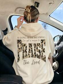 Sweatshirt Hoodie Kasual Lengan Panjang Longgar dengan Tali Serut, Motif Leopard Ukuran Besar Warna Beige untuk Wanita, Musim Gugur - Aprikot - View 6