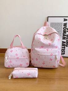 3pcs Set - Cute Bow Pattern Backpack Set For Back To School, Large Capacity Polyester School Day Bag With Lunch Bag And Pencil Case, Multi-Pocket Casual Backpack, Lightweight Bookbag, Suitable For Students/Graduates/Young People, Perfect For Back To School/Daily/Shopping/Short Trips And Outdoor Leisure Activities - 2283 - View 12