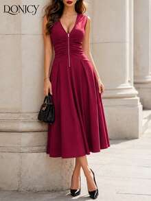 DONICY Vestido Midi Casual/para Encontro Ajustado com Zíper na Frente e Decote em V, Plissado, na Cor Bordô - Vinho - Visão 11