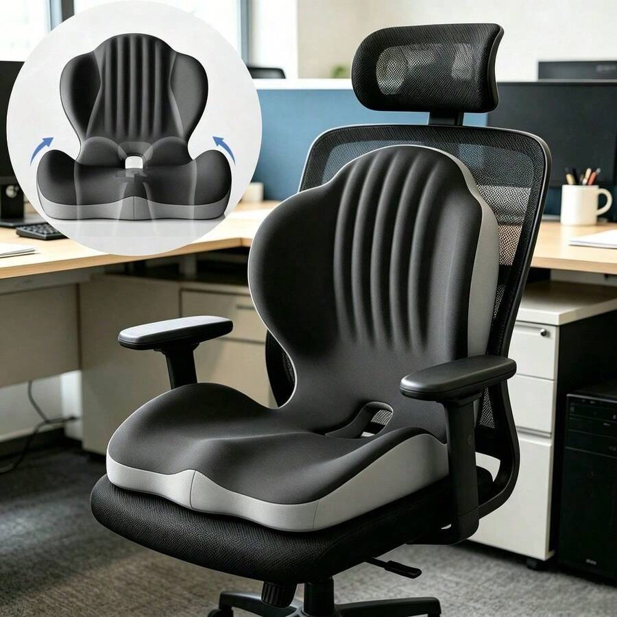 2-In-1 Lumbar Support Backrest And Seat Cushion, Shell-Shaped One-Piece Seat Cushion And Backrest, Ergonomic Memory Foam Seat Cushion, Breathable And Comfortable, Office Chair Cushion And Car Seat - Black+Gray - View 1