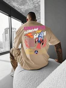 Men's Street Style Rocket Graffiti Print T Shirt - Casual Loose-Fit Round Neck,Breathable Polyester Fiber,Machine Washable - Perfect Choice For Summer - 黑色 - 查看 7