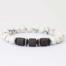 8mm Natural Stone Barrel Bead Elastic Bracelet, Natural Yellow Tiger Eye/Flame Stone/White Turquoise Inlaid With Black Onyx Spacer, Wear-Resistant Durable Non-Fading, Versatile Style For Men And Women, Couple Style - Multicolor - View 8
