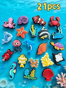1~21pcs Random Marine Life Series, PVC Material, Includes Crab, Sea Turtle, Starfish And Other Marine Life Patterns, Suitable For Shoe Decoration. Ideal Choice For Beach Theme Gifts. This Vibrant Marine Life And Beach Decoration Set Is Detachable - A - View 1