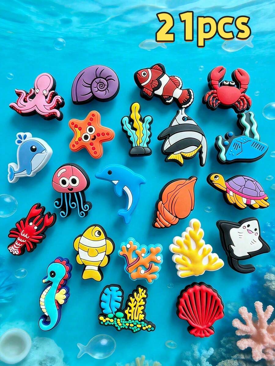 1~21pcs Random Marine Life Series, PVC Material, Includes Crab, Sea Turtle, Starfish And Other Marine Life Patterns, Suitable For Shoe Decoration. Ideal Choice For Beach Theme Gifts. This Vibrant Marine Life And Beach Decoration Set Is Detachable - A - View 1