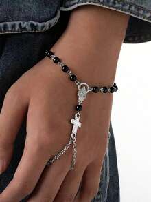 1pc Gothic Metal Chain Cross & Beaded Knuckle Bracelet, Religious Jewelry For Daily Wear, Gatherings And Parties - Style 1 - View 1