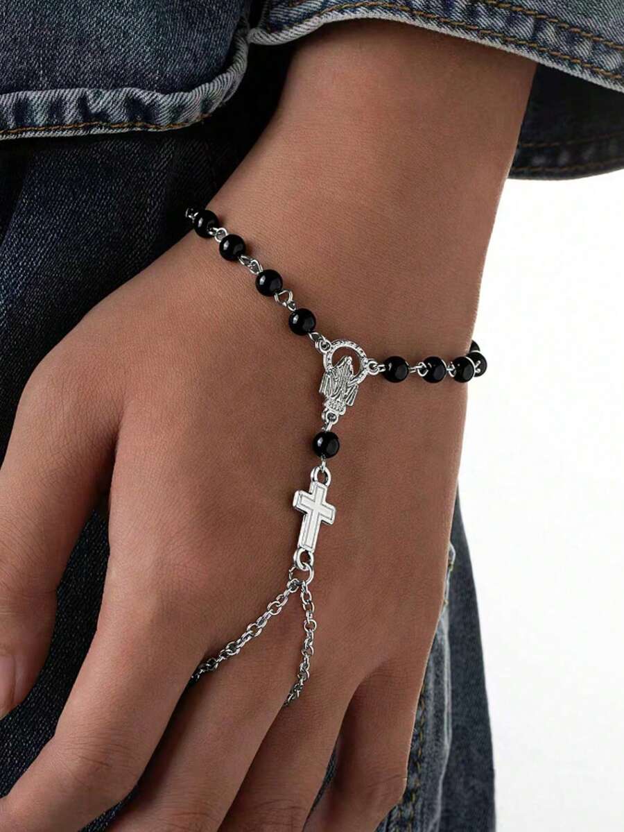 1pc Gothic Metal Chain Cross & Beaded Knuckle Bracelet, Religious Jewelry For Daily Wear, Gatherings And Parties - Style 1 - View 1