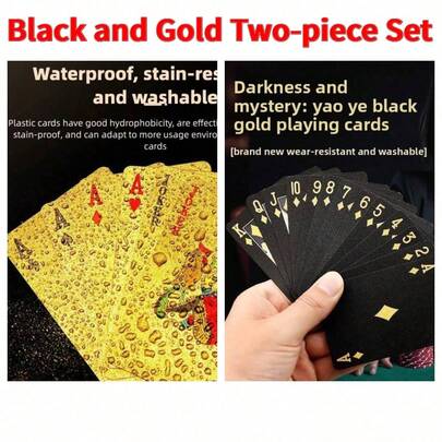 Juego de dos piezas en negro y dorado, 54 cartas impermeables, ideales para fiestas y juegos, perfecto para partidas multijugador en interiores, acampadas al aire libre, viajes y entrenamiento mental. Cartas de póker con detalles dorados.