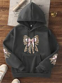 Women's Hoodie, Leopard Bow Front & Sleeve Graphic Pullover, Coquette Casual Hooded Tops - Dark Grey - View 5