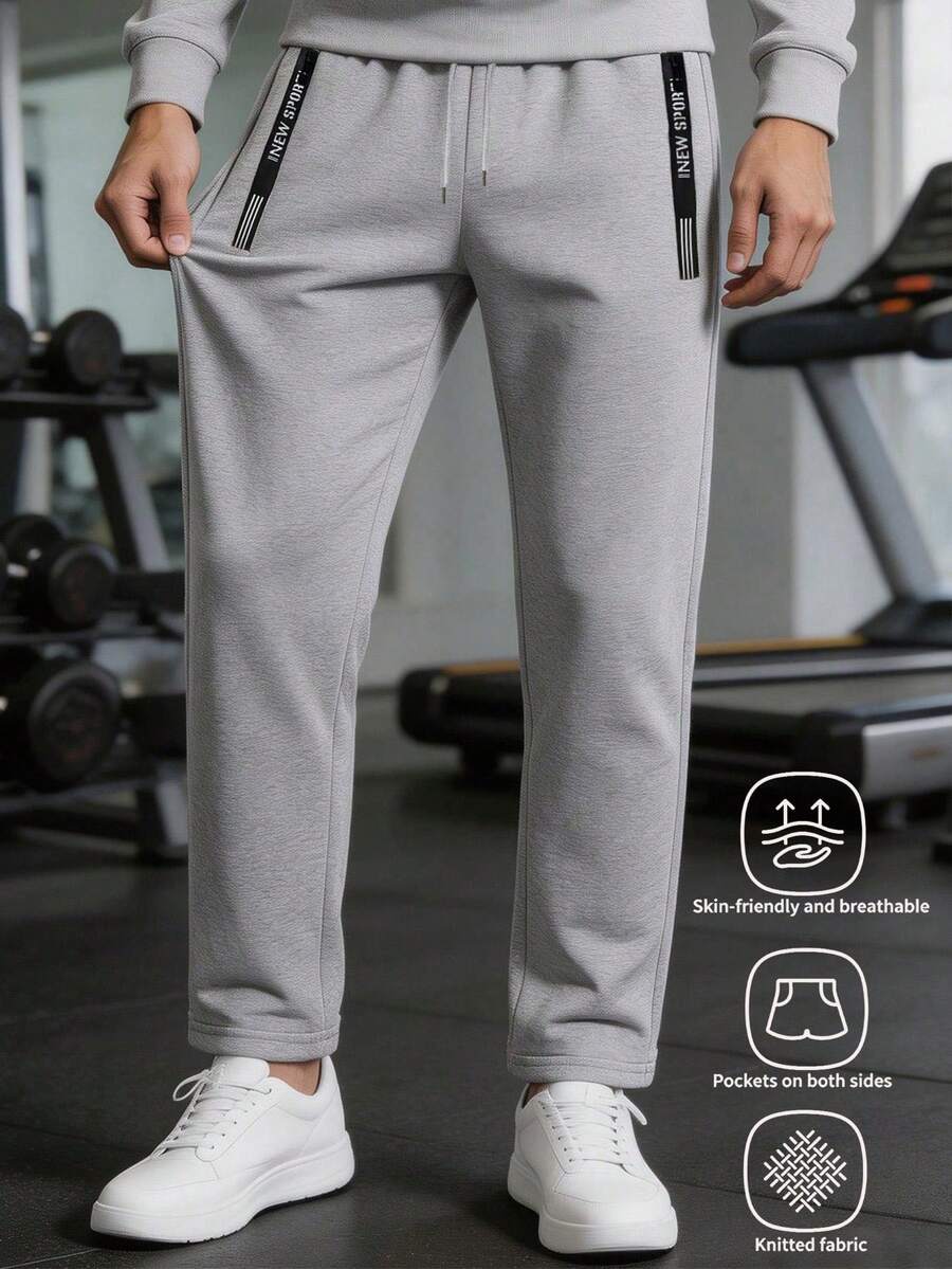 Men's Straight Leg Joggers, Knitted Fabric, With Zipper Pockets And Drawstring Waist, Suitable For All Seasons Sports Fall - Light Grey - View 1
